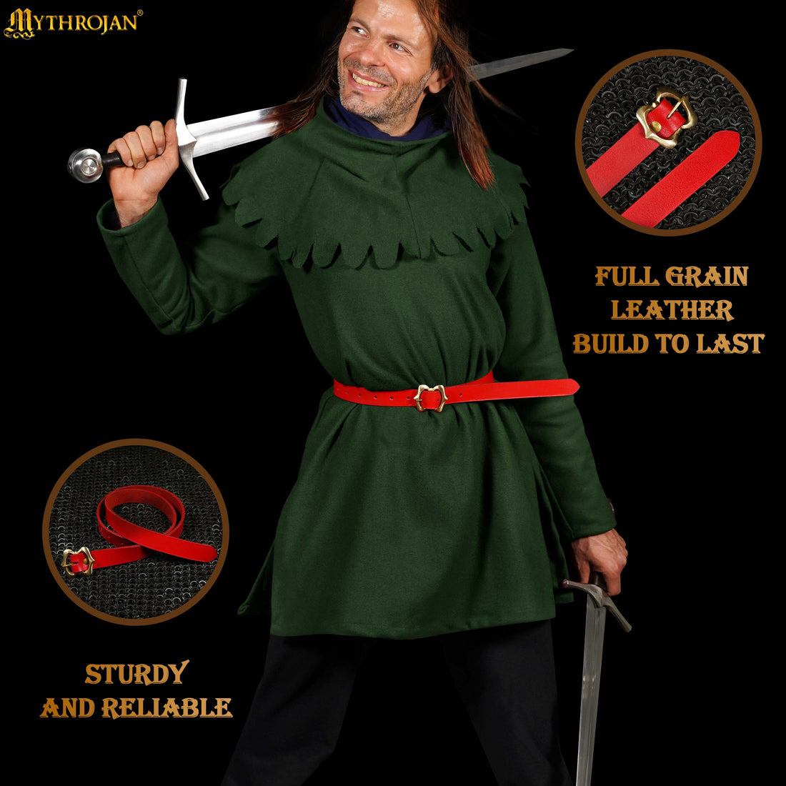 Mythrojan Medieval Red Leather Renaissance Viking Belt with Brass Buckle - Red