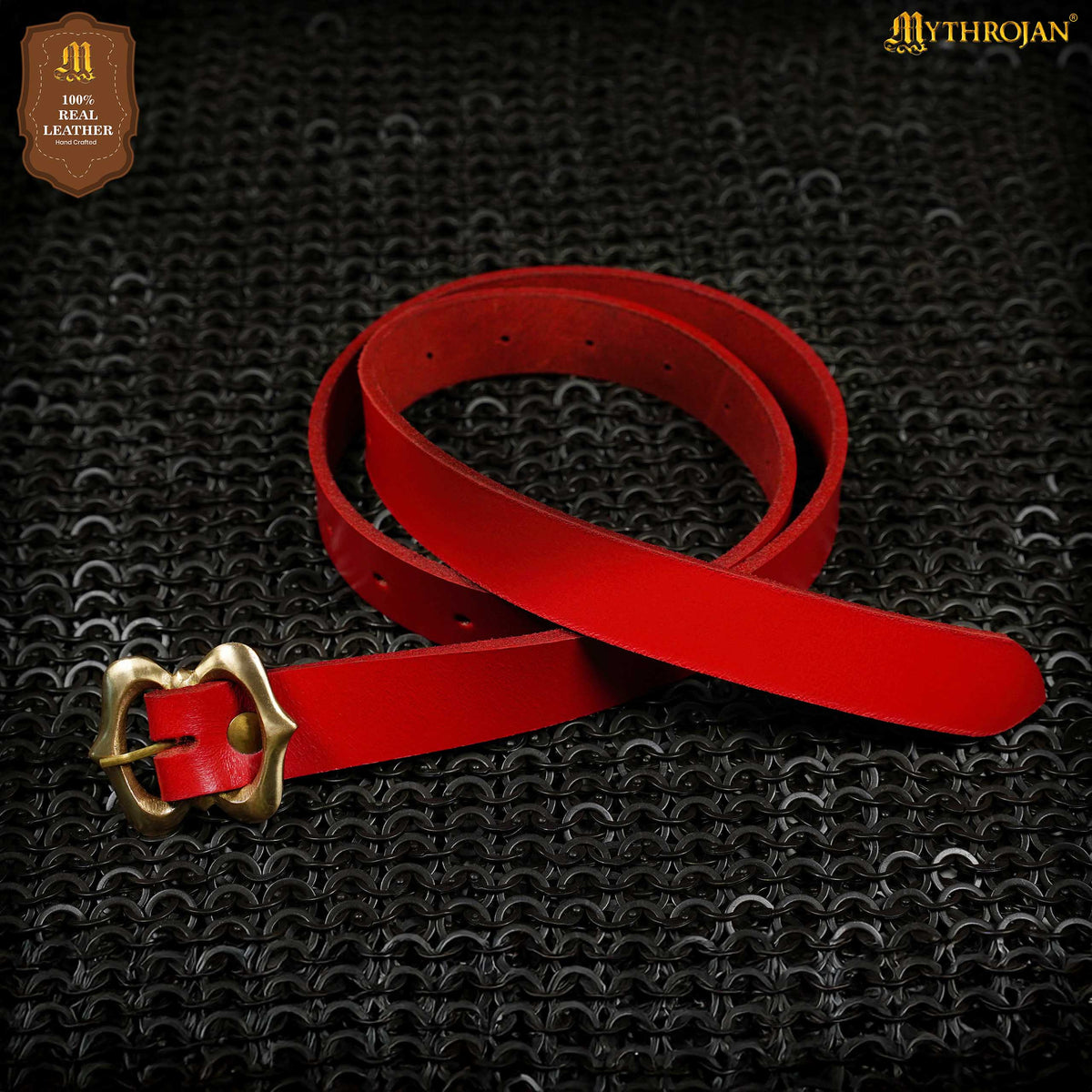 Mythrojan Medieval Green Leather Renaissance Viking Belt with Brass Buckle - Green