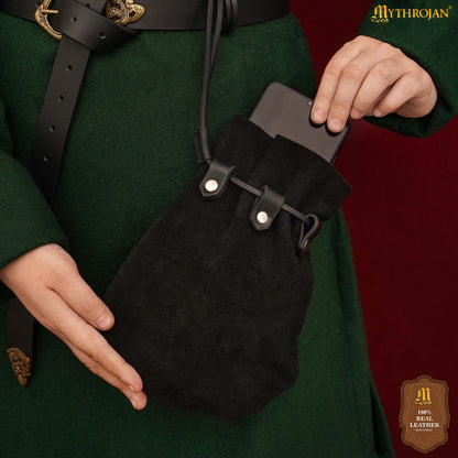 Mythrojan “ Gold and Dice ” Medieval Drawstring Bag, Ideal for SCA LARP Reenactment &amp; Ren fair Suede Leather Pouch, Black 9.2” ×7.2 ”