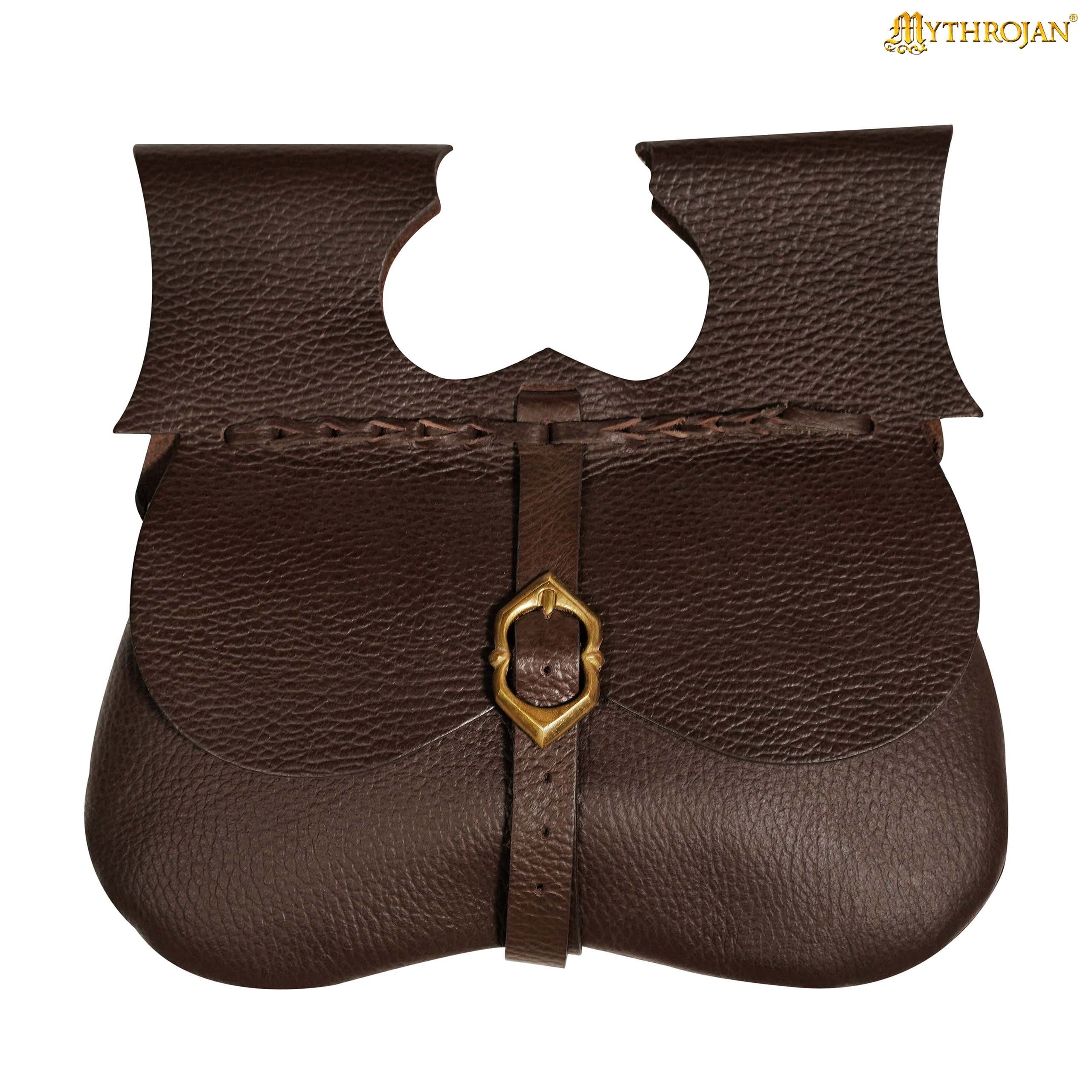 Mythrojan Classic Medieval Belt Bag with Solid Brass Buckle, Ideal for SCA LARP Reenactment &amp; Ren Fair, Full Grain Leather, Brown 8.5”×9”