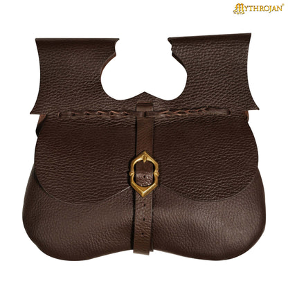 Mythrojan Classic Medieval Belt Bag with Solid Brass Buckle, Ideal for SCA LARP Reenactment &amp; Ren Fair, Full Grain Leather, Brown 8.5”×9”