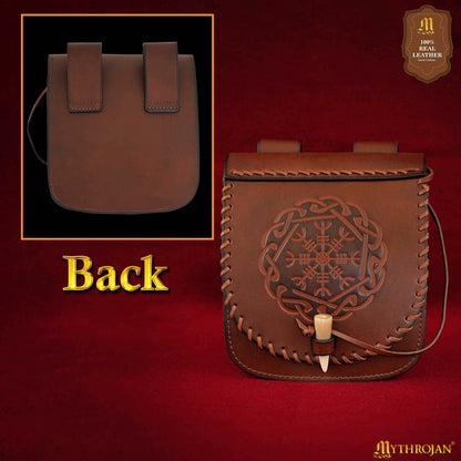 Mythrojan Warrior of the North Leather Belt Bag with Helm of Awe Embossing and Bone Toggle Closure