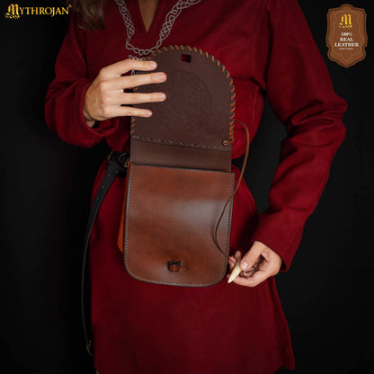 Mythrojan Warrior of the North Leather Belt Bag with Helm of Awe Embossing and Bone Toggle Closure