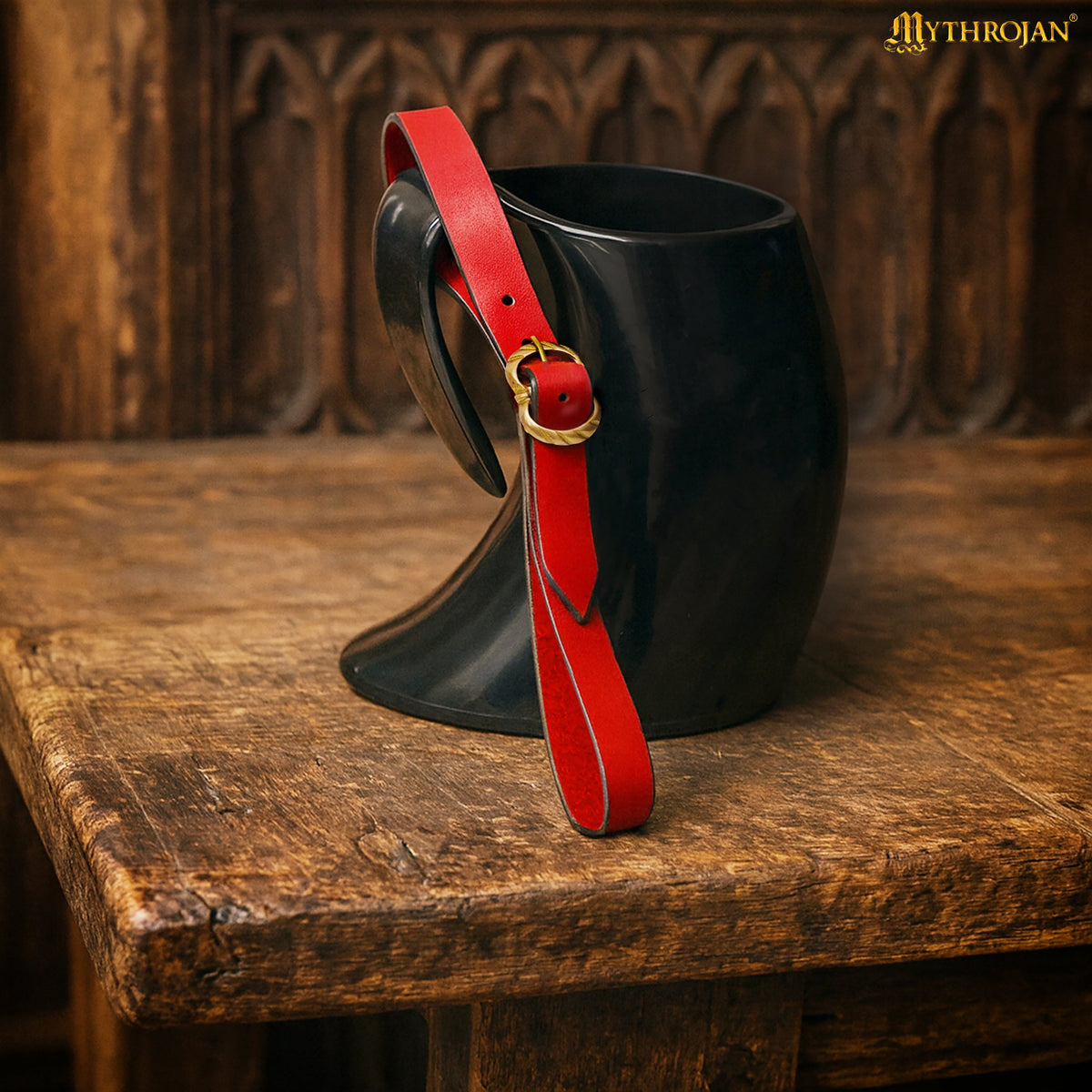 Mythrojan Tankard Leather Strap with Solid Brass Buckle, Ideal for Horn Tankard and Mugs, LARP SCA Medieval Renaissance Knight Viking Reenactment, Natural, 15.3”×0.7”