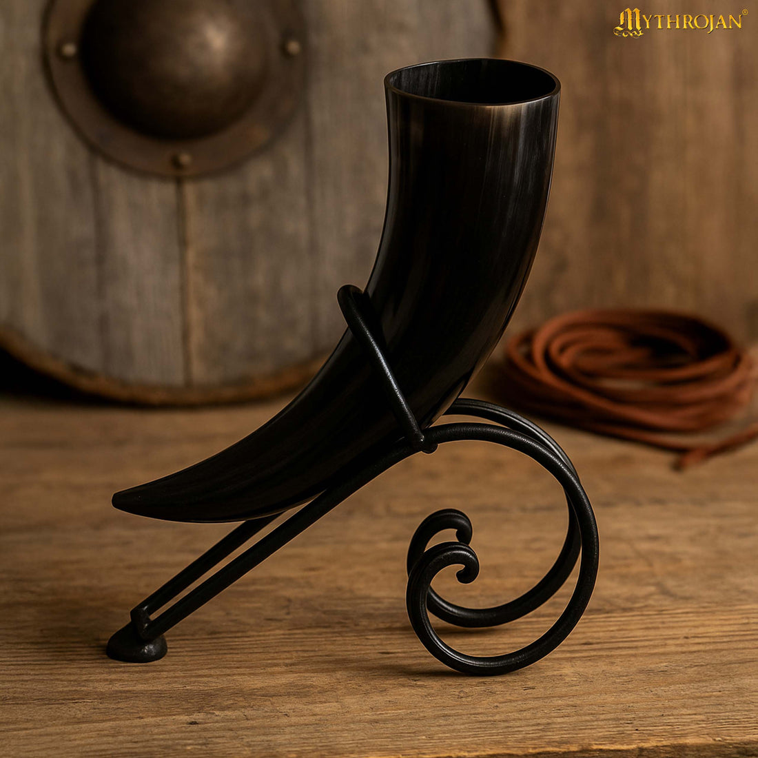 Mythrojan Hand Forged Drinking Ale Horn Rack Twisted Iron Ale Mead Horn Stand Medieval &amp; Viking - Length 8.5&quot; x Height 5.5&quot;