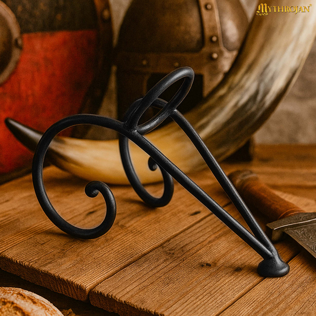 Mythrojan Hand Forged Drinking Ale Horn Rack Twisted Iron Ale Mead Horn Stand Medieval &amp; Viking - Length 8.5&quot; x Height 5.5&quot;