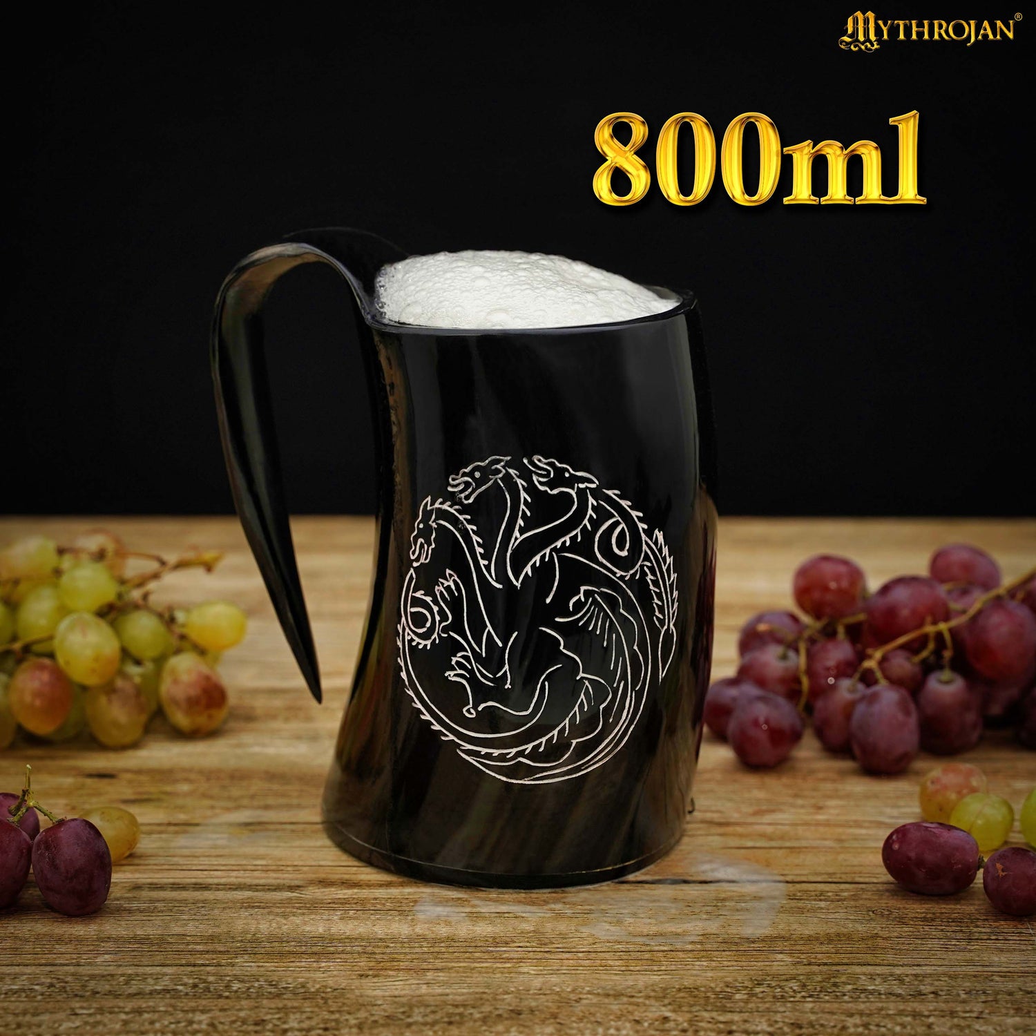 Mythrojan Tumbler Viking Drinking Cup with Handle &amp; Medieval Buckle Renaissance with Leather Strap - Dragon