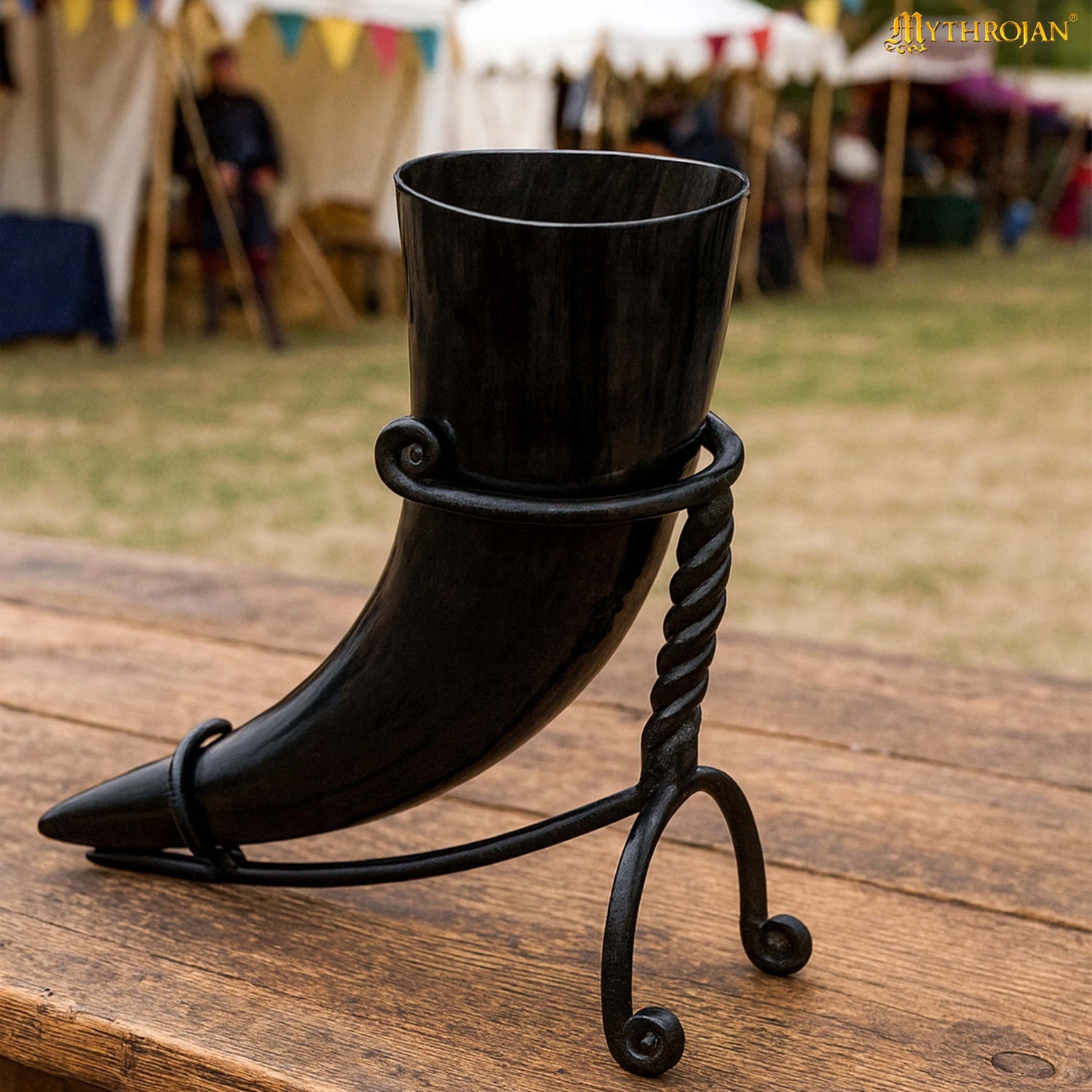 Mythrojan Hand Forged Drinking Ale Horn Rack Twisted Iron Ale Mead Horn Stand Medieval &amp; Viking - Classic