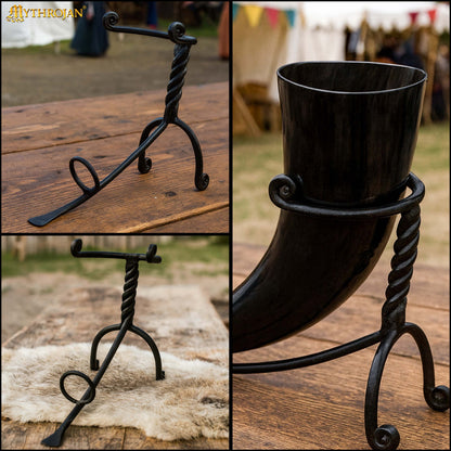Mythrojan Hand Forged Drinking Ale Horn Rack Twisted Iron Ale Mead Horn Stand Medieval &amp; Viking - Classic