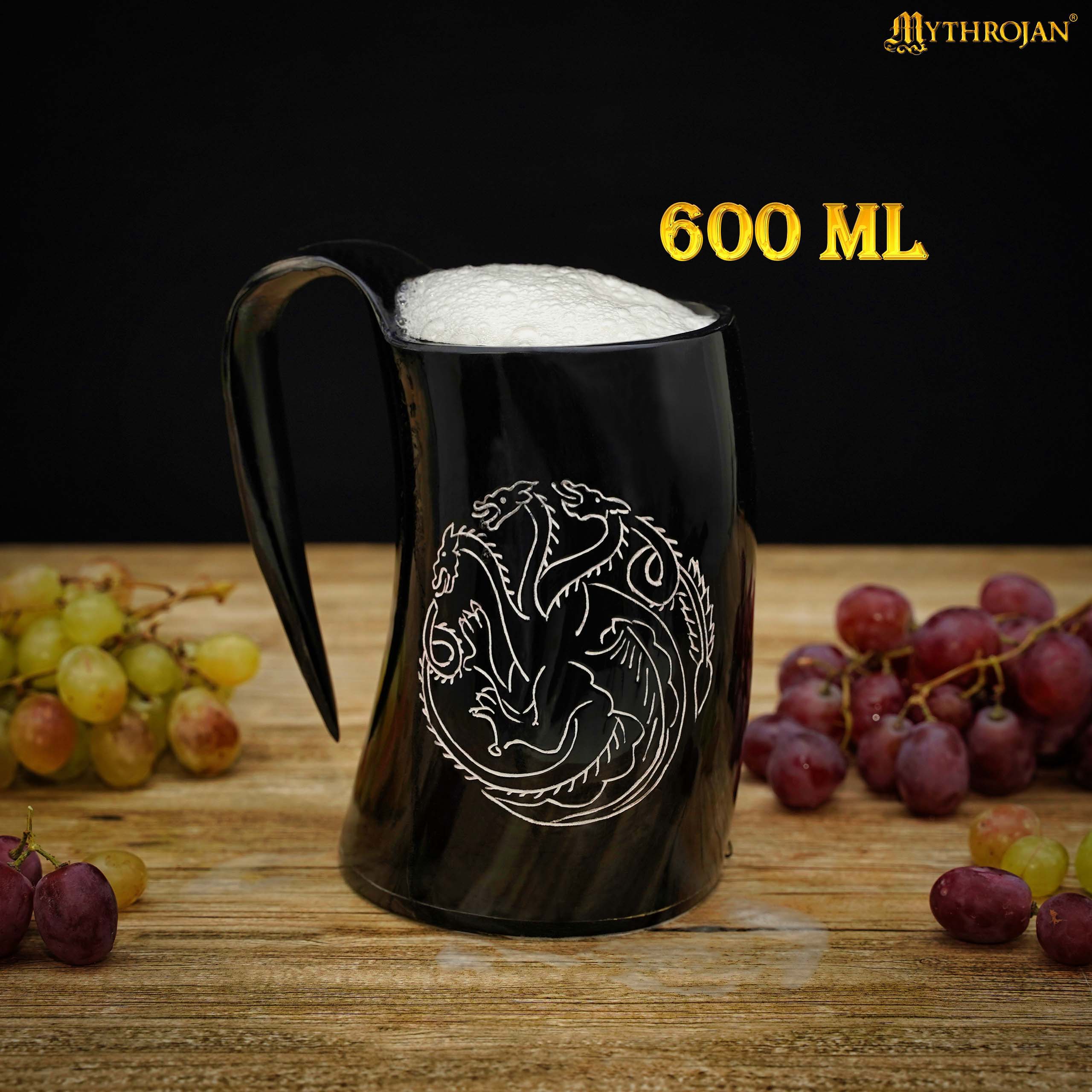 Mythrojan Tumbler Viking Drinking Cup with Handle &amp; Medieval Buckle Renaissance with Leather Strap - Dragon