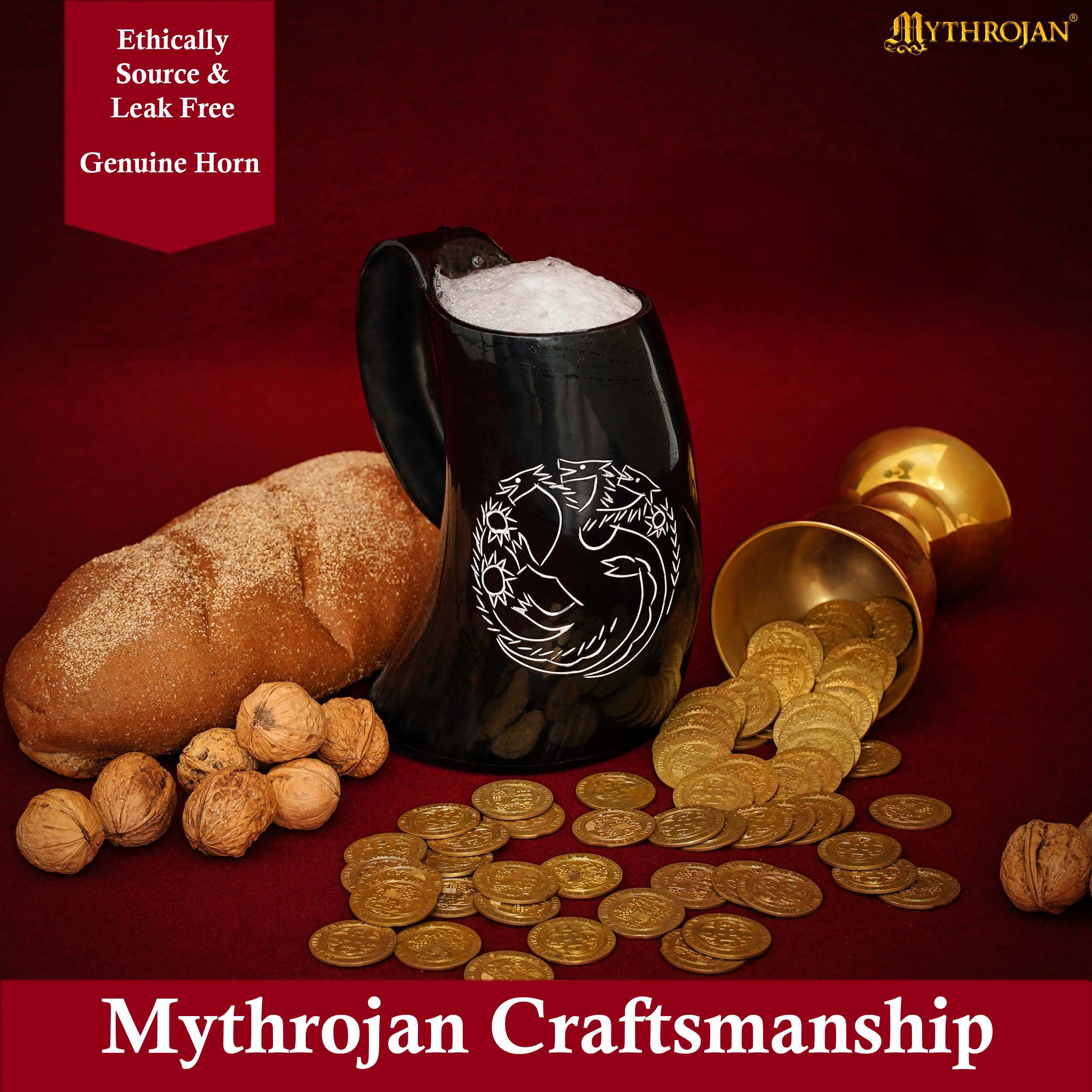Mythrojan Tumbler Viking Drinking Cup with Handle &amp; Medieval Buckle Renaissance with Leather Strap - Dragon
