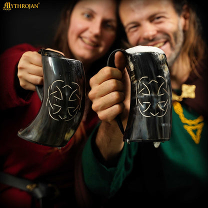 Mythrojan Tumbler Viking Drinking Cup with Handle &amp; Medieval Buckle Renaissance with Leather Strap - Celtic Father Knot