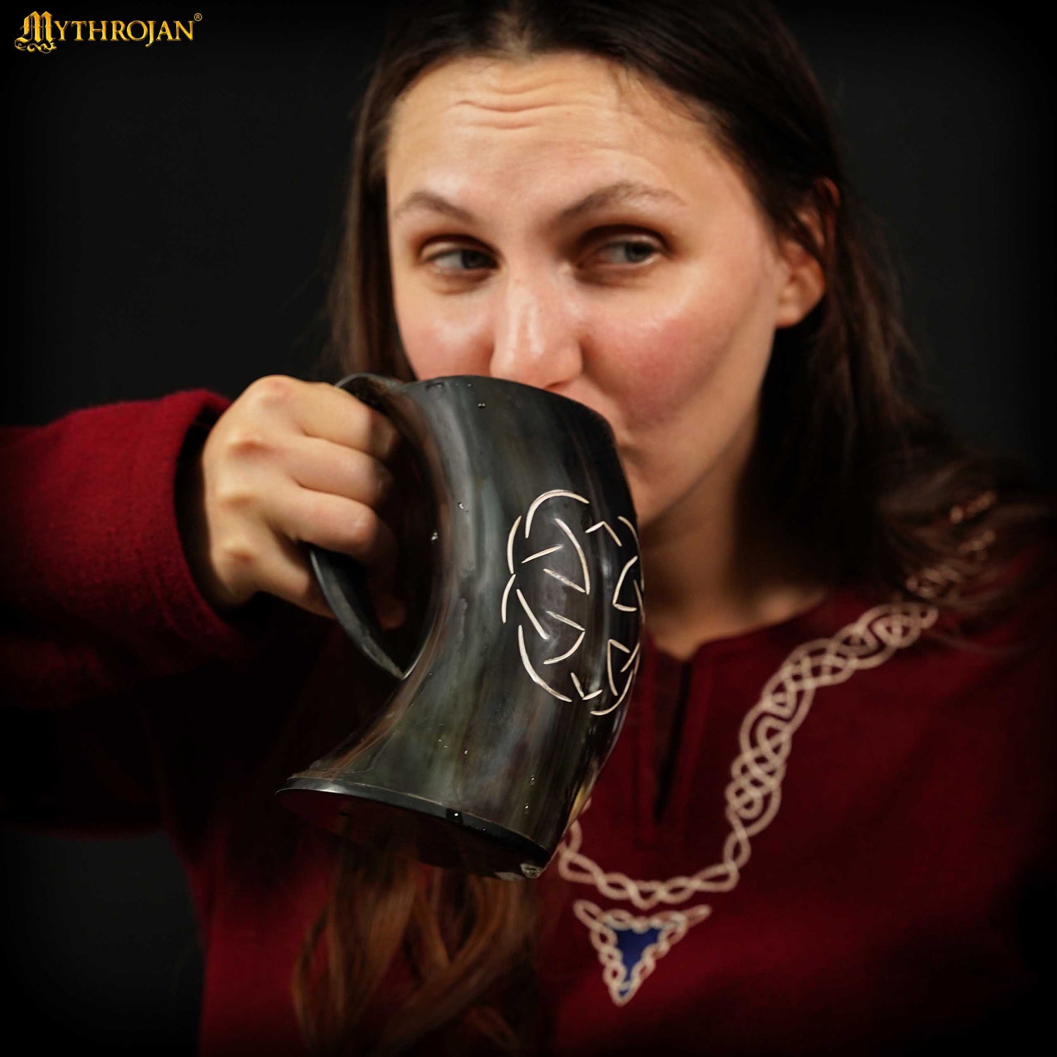 Mythrojan Tumbler Viking Drinking Cup with Handle &amp; Medieval Buckle Renaissance with Leather Strap - Celtic Father Knot
