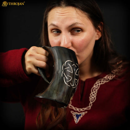 Mythrojan Tumbler Viking Drinking Cup with Handle &amp; Medieval Buckle Renaissance with Leather Strap - Celtic Father Knot