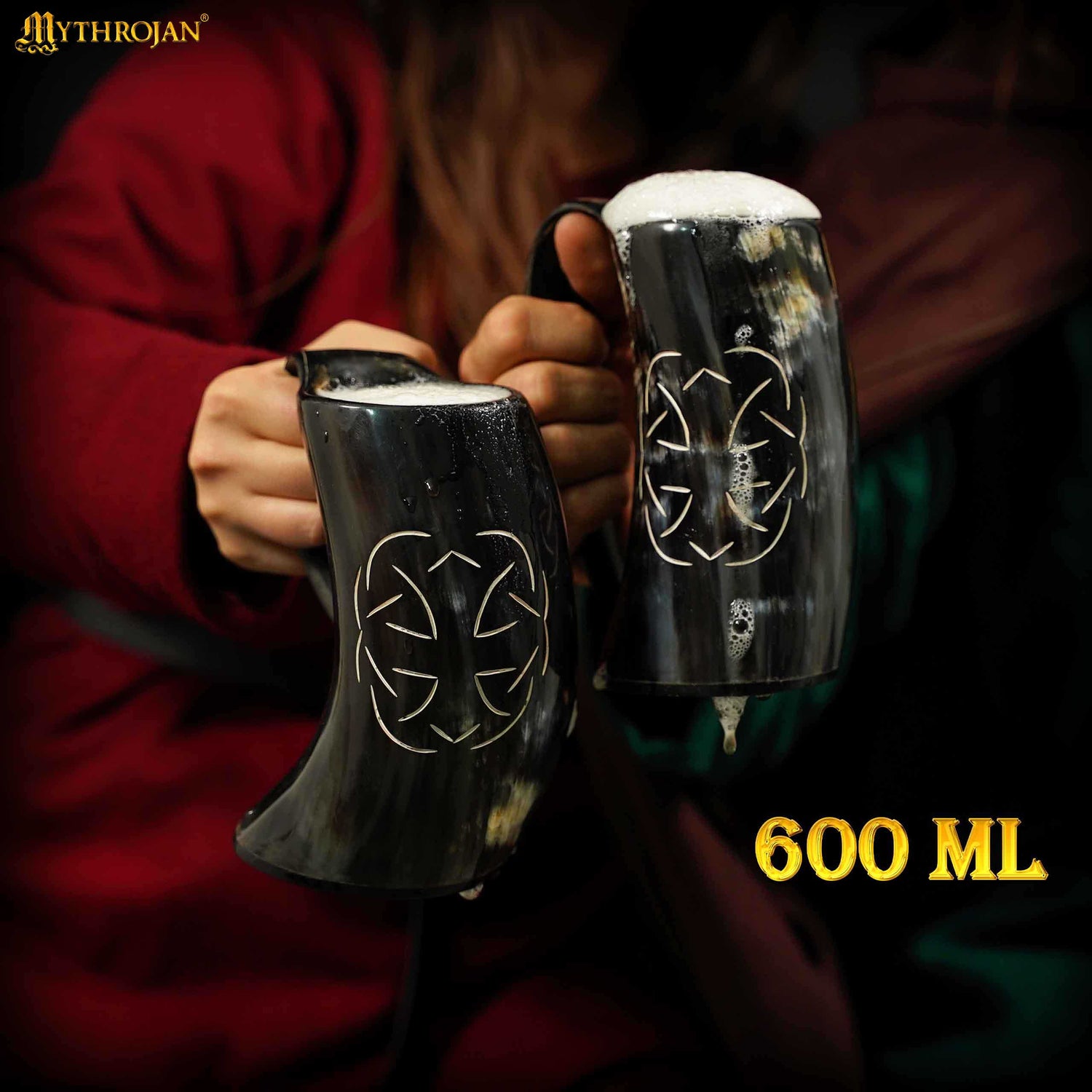 Mythrojan Tumbler Viking Drinking Cup with Handle &amp; Medieval Buckle Renaissance with Leather Strap - Celtic Father Knot