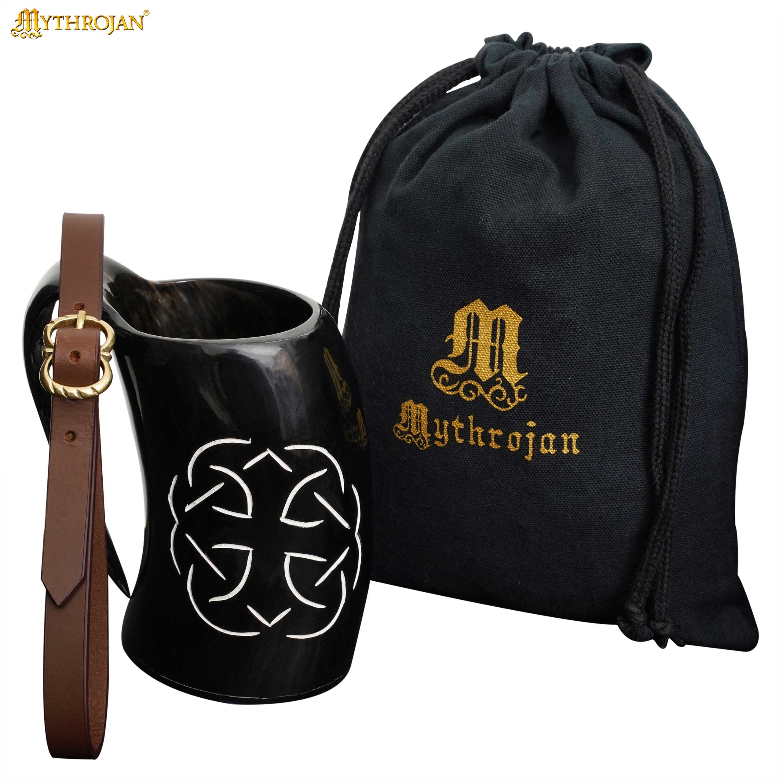 Mythrojan Tumbler Viking Drinking Cup with Handle &amp; Medieval Buckle Renaissance with Leather Strap - Celtic Father Knot