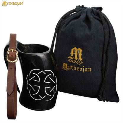 Mythrojan Tumbler Viking Drinking Cup with Handle &amp; Medieval Buckle Renaissance with Leather Strap - Celtic Father Knot