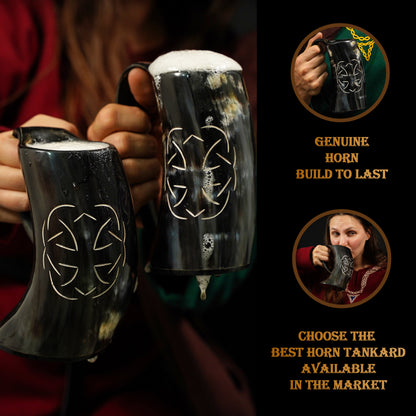 Mythrojan Tumbler Viking Drinking Cup with Handle &amp; Medieval Buckle Renaissance with Leather Strap - Celtic Father Knot