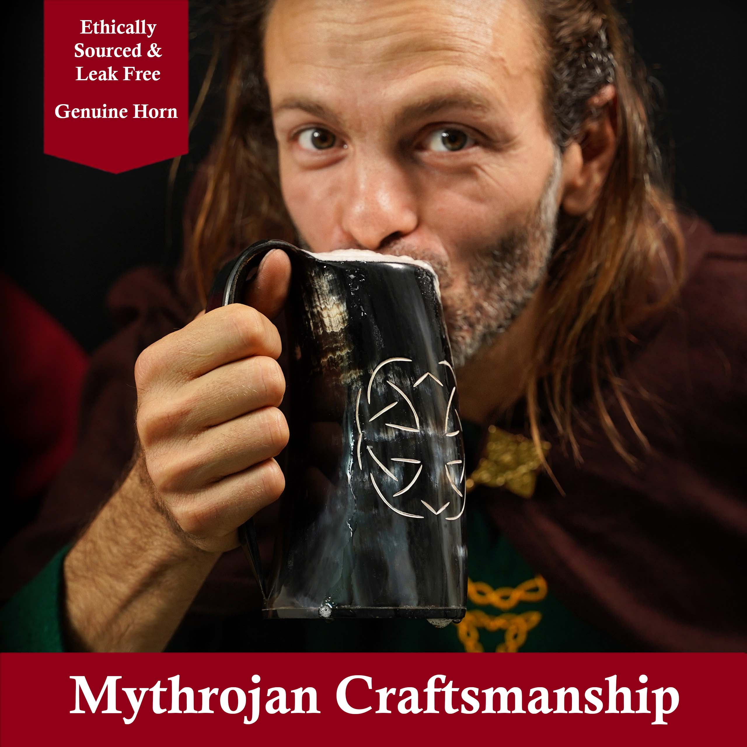 Mythrojan Tumbler Viking Drinking Cup with Handle &amp; Medieval Buckle Renaissance with Leather Strap - Celtic Father Knot