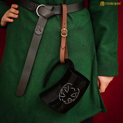 Mythrojan Tumbler Viking Drinking Cup with Handle &amp; Medieval Buckle Renaissance with Leather Strap - Celtic Father Knot