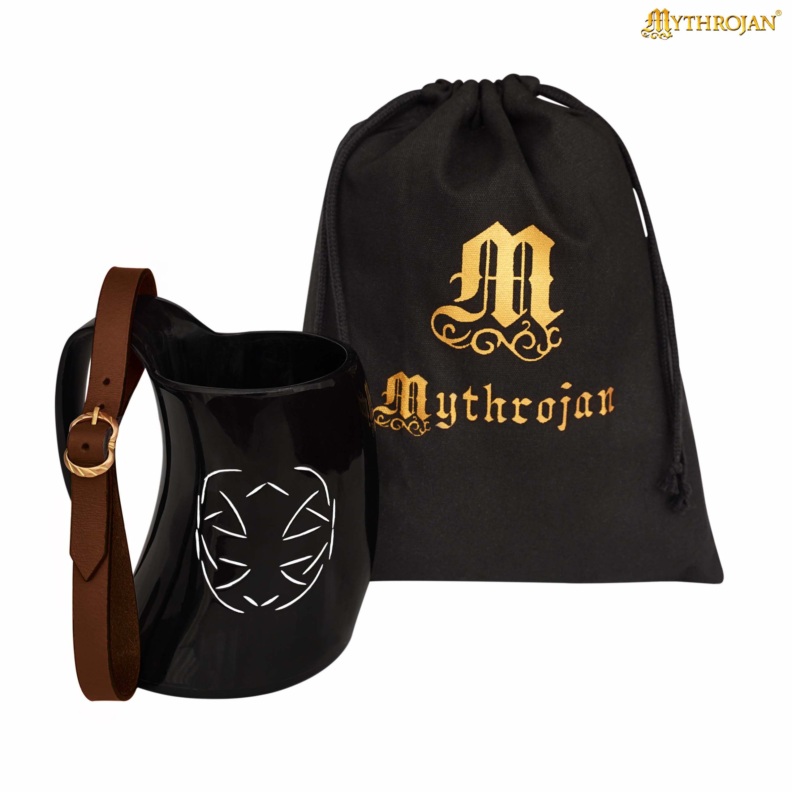 Mythrojan Tumbler Viking Drinking Cup with Handle &amp; Medieval Buckle Renaissance with Leather Strap - Celtic Father Knot