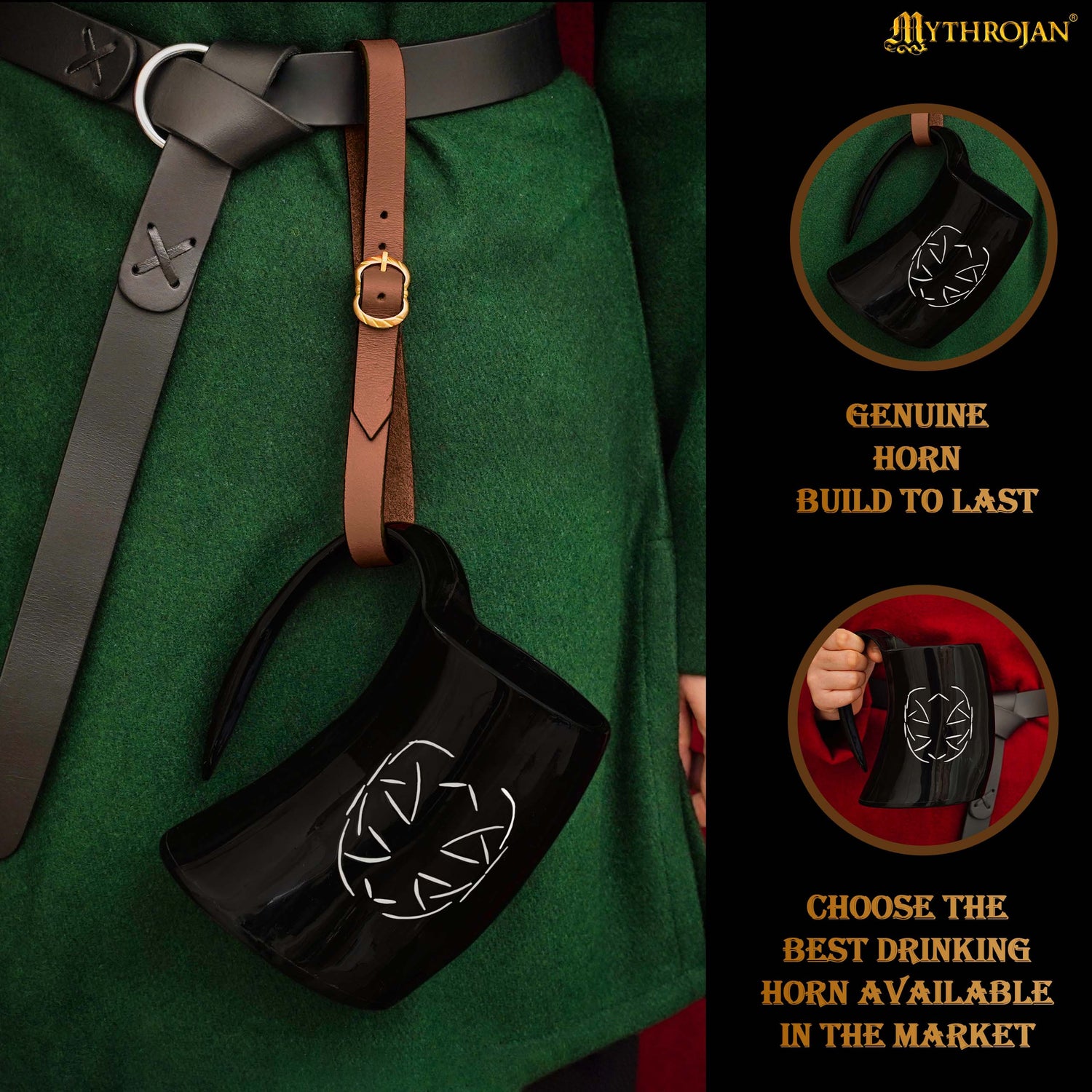 Mythrojan Tumbler Viking Drinking Cup with Handle &amp; Medieval Buckle Renaissance with Leather Strap - Celtic Father Knot