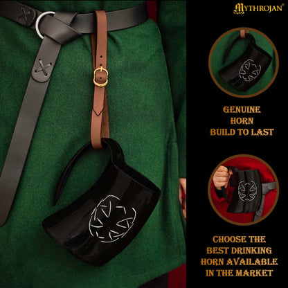 Mythrojan Tumbler Viking Drinking Cup with Handle &amp; Medieval Buckle Renaissance with Leather Strap - Celtic Father Knot
