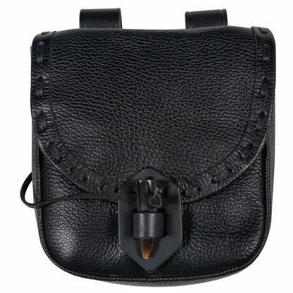 Mythrojan “The Adventurer’s” Belt Bag with Horn Toggle, ideal for SCA LARP reenactment &amp; Ren fair, Full Grain Leather, Black 7”