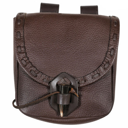 Mythrojan “The Adventurer’s” Belt Bag with Horn Toggle, ideal for SCA LARP reenactment &amp; Ren fair, Full Grain Leather, Black 7”