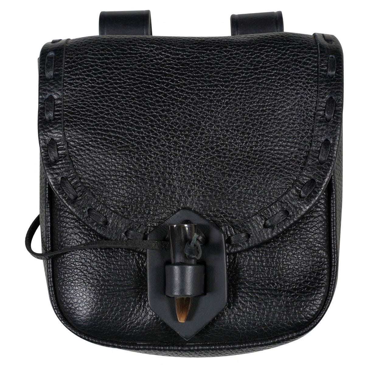 Mythrojan “The Adventurer’s” Belt Bag with Horn Toggle, ideal for SCA LARP reenactment &amp; Ren fair, Full Grain Leather, Black 7”