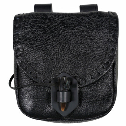 Mythrojan “The Adventurer’s” Belt Bag with Horn Toggle, ideal for SCA LARP reenactment &amp; Ren fair, Full Grain Leather, Black 7”