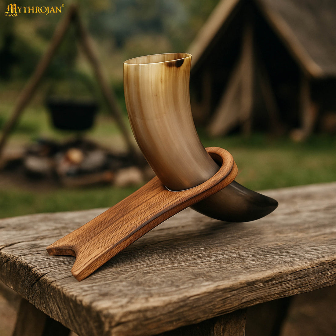 Mythrojan Handcrafted Drinking Horn Rack Solid Wood Mead Ale Horn Rack Medieval &amp; Viking, 7”×3.1”
