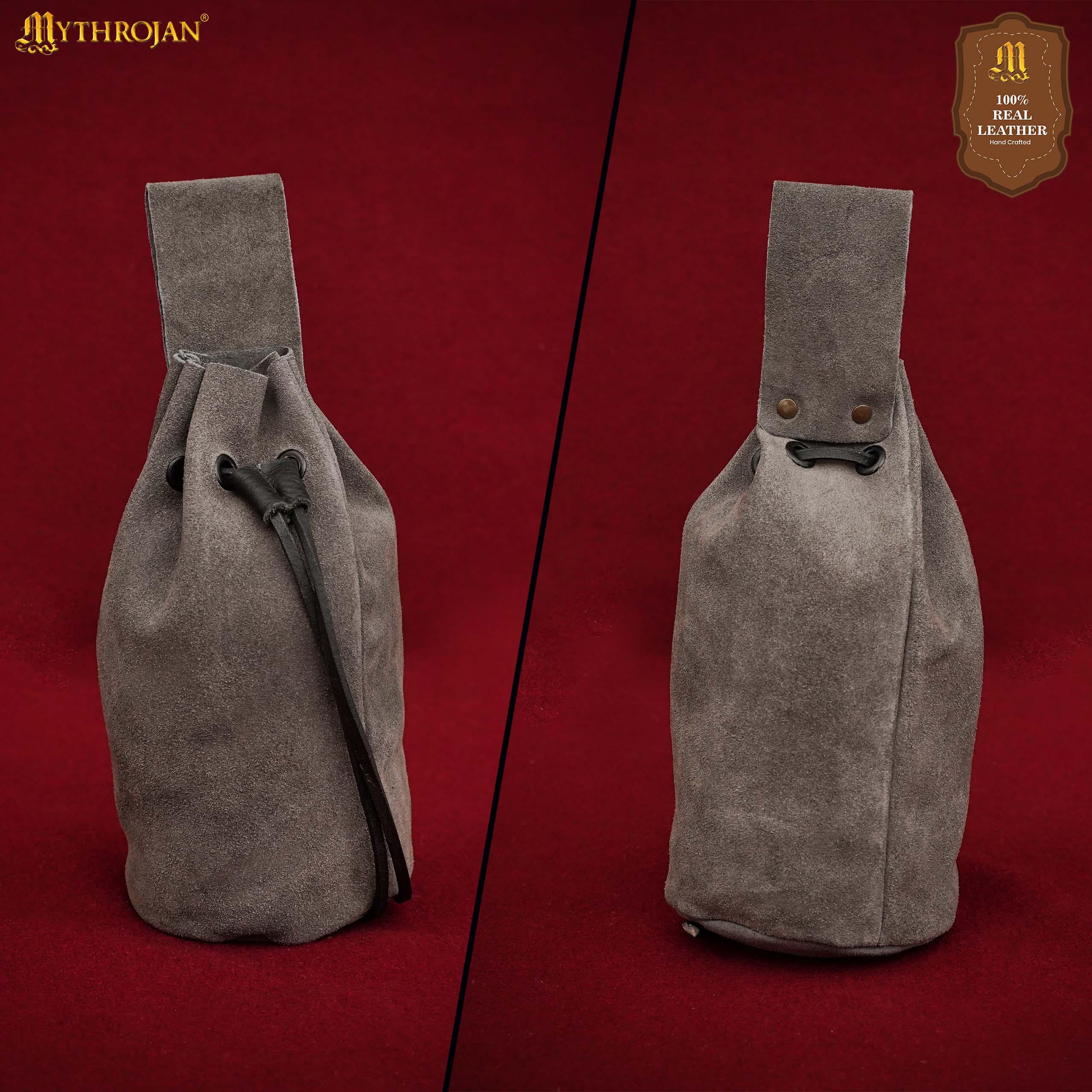 Mythrojan Medieval Drawstring Belt Bag, Ideal for SCA LARP Reenactment &amp; Ren Fair, Suede Leather, Grey, 8”×6.5”