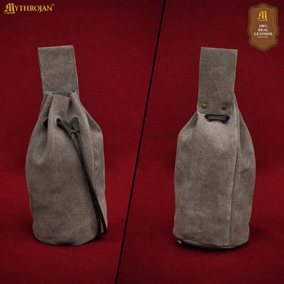 Mythrojan Medieval Drawstring Belt Bag, Ideal for SCA LARP Reenactment &amp; Ren Fair, Suede Leather, Grey, 8”×6.5”