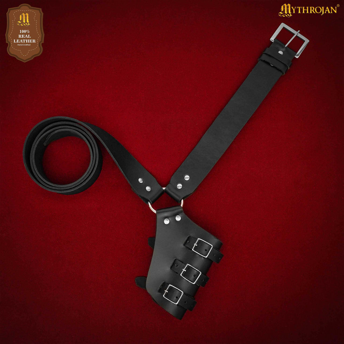 Mythrojan Pirate Captain Baldric Belt, Ideal for Pirate Cutthroat SCA Medieval Renaissance Reenactment Cosplay, Full Grain Leather, Black