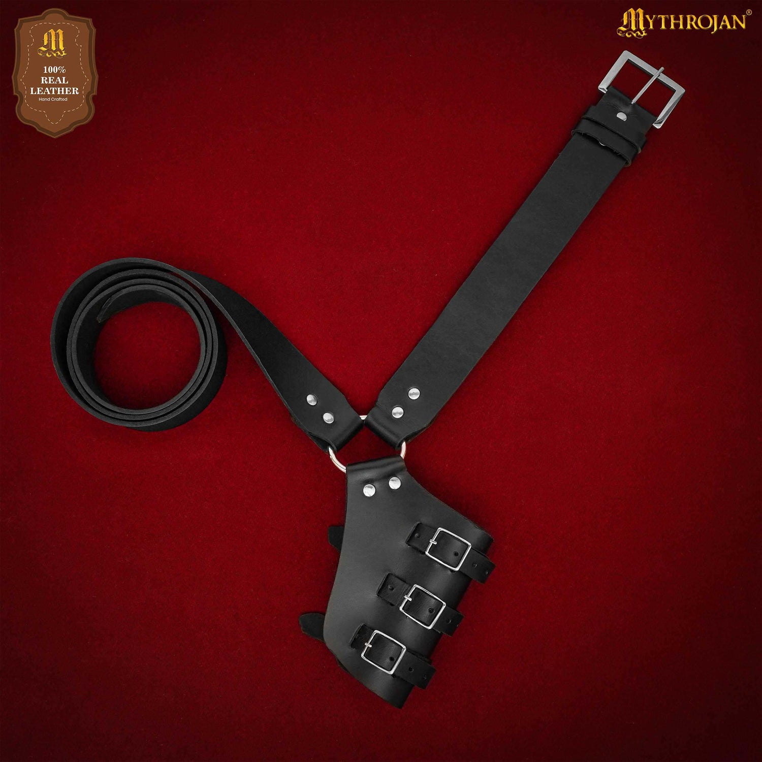 Mythrojan Pirate Captain Baldric Belt, Ideal for Pirate Cutthroat SCA Medieval Renaissance Reenactment Cosplay, Full Grain Leather, Black