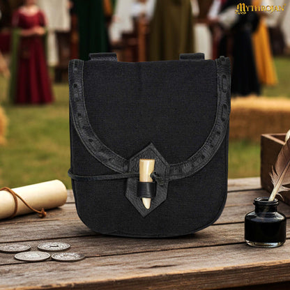 Mythrojan “The Adventurer’s” Belt Bag with Horn Toggle, Ideal for SCA LARP Reenactment &amp; Ren fair, Full Grain Leather and Handwoven Canvas , Black , 8” × 7”