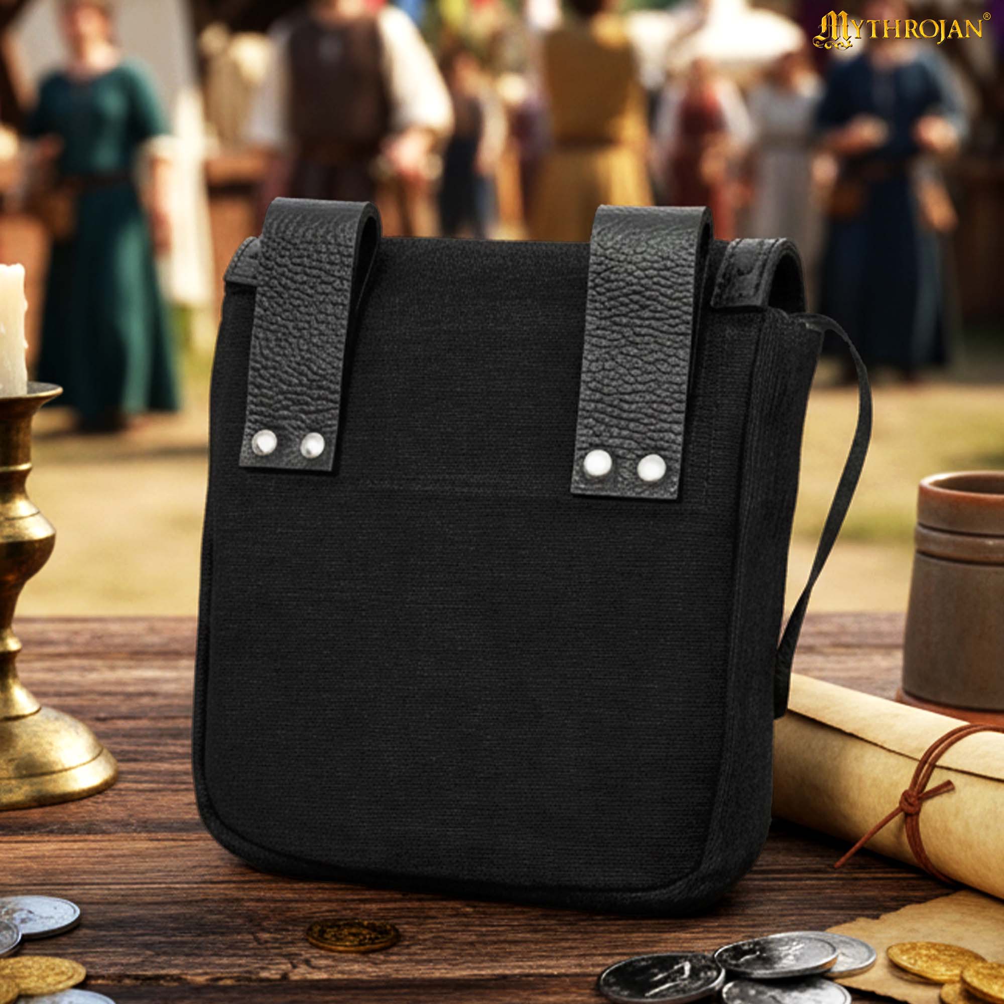 Mythrojan “The Adventurer’s” Belt Bag with Horn Toggle, Ideal for SCA LARP Reenactment &amp; Ren fair, Full Grain Leather and Handwoven Canvas , Black , 8” × 7”