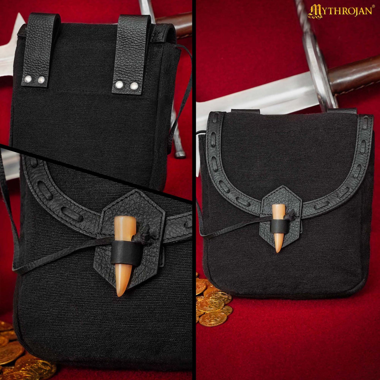 Mythrojan “The Adventurer’s” Belt Bag with Horn Toggle, Ideal for SCA LARP Reenactment &amp; Ren fair, Full Grain Leather and Handwoven Canvas , Black , 8” × 7”