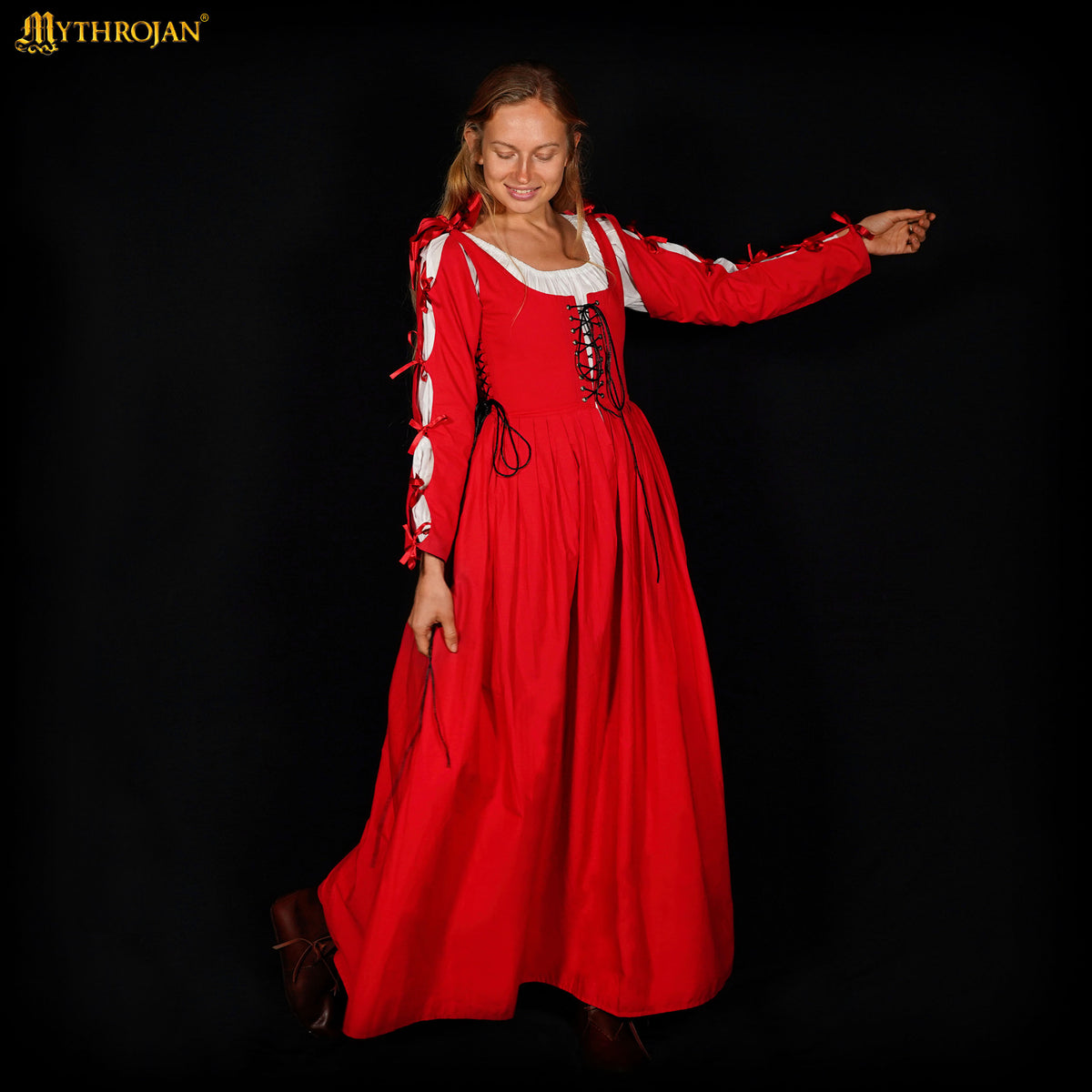 Mythrojan Renaissance Dresses for Women Medieval Costume Irish Long Over Dress Victorian Vintage Halloween - Red