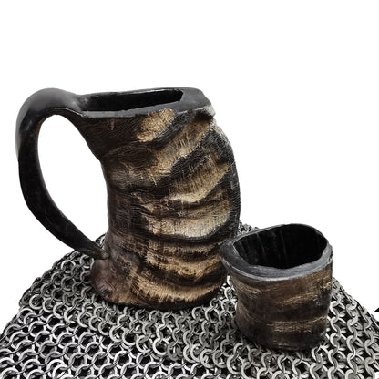 Mythrojan Viking Buffalo Horn Mug Tankard for Beer, Mead with Free Shot Whiskey Cup