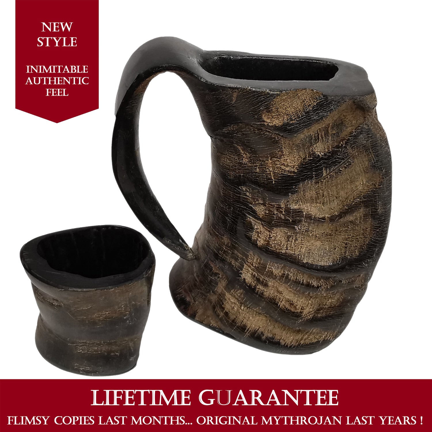 Mythrojan Viking Buffalo Horn Mug Tankard for Beer, Mead with Free Shot Whiskey Cup